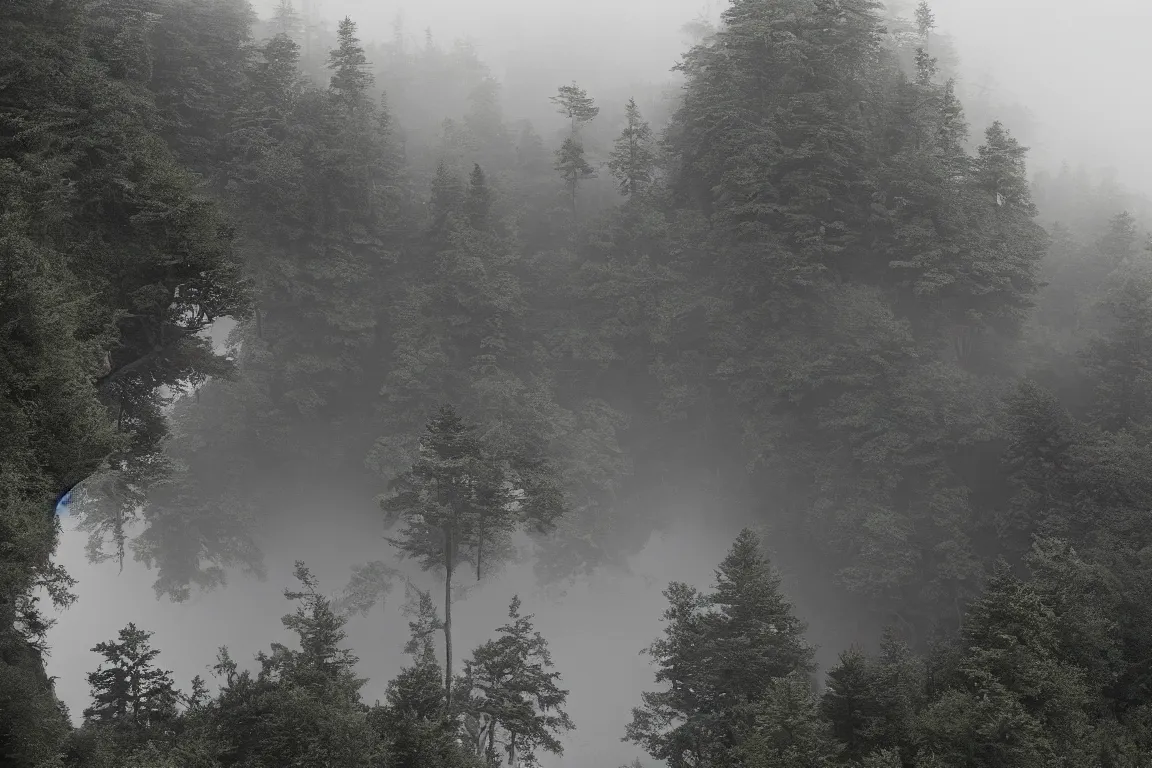 Image similar to A beautiful matte drawing of a ellipse-shaped building with rounded windows, standing on a large cliff near a coniferous forest. A thin stone bridge goes over the cliff. View from afar, fog, 8k, 16k, architectue, Alvaro Siza, herzog de meuron, architecture photo, high details, futuristic