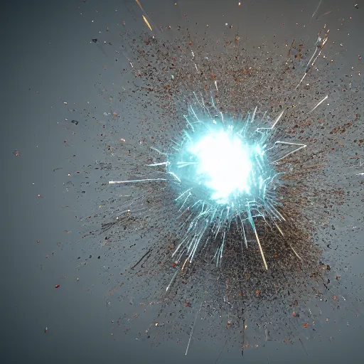 Image similar to An explosion of debris, particulate matter and particles, directional lighting , black background, 8k redshift render