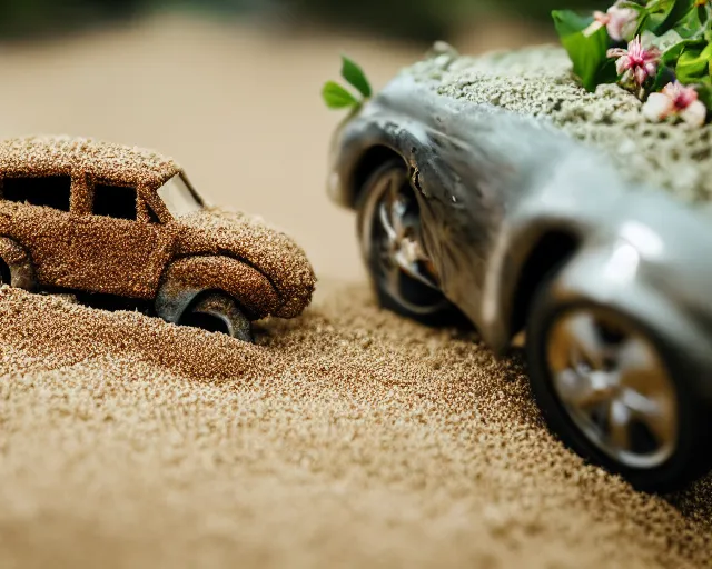 Image similar to 8 5 mm food photography of a car made of sand near a garden with dof and bokeh and flowers o