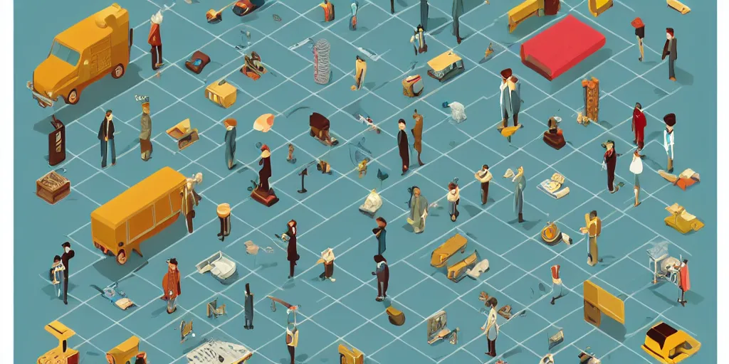 Image similar to isometric infographic by Wes Anderson