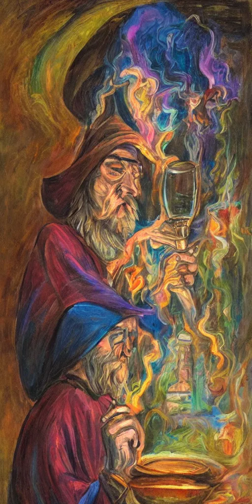 Image similar to a mystical man with a goblet on the table, wizard hat, psychedelic