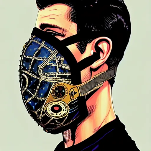 Image similar to portrait of a male with a vintage diver mask intricate details mask in side profile by MARVEL comics and Sandra Chevrier