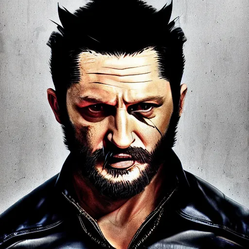 Image similar to Tom Hardy as wolverine in Black Damaged leather suit Digital art 4K quality