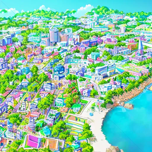 Prompt: detailed small city by ocean, high view, summer, in anime style