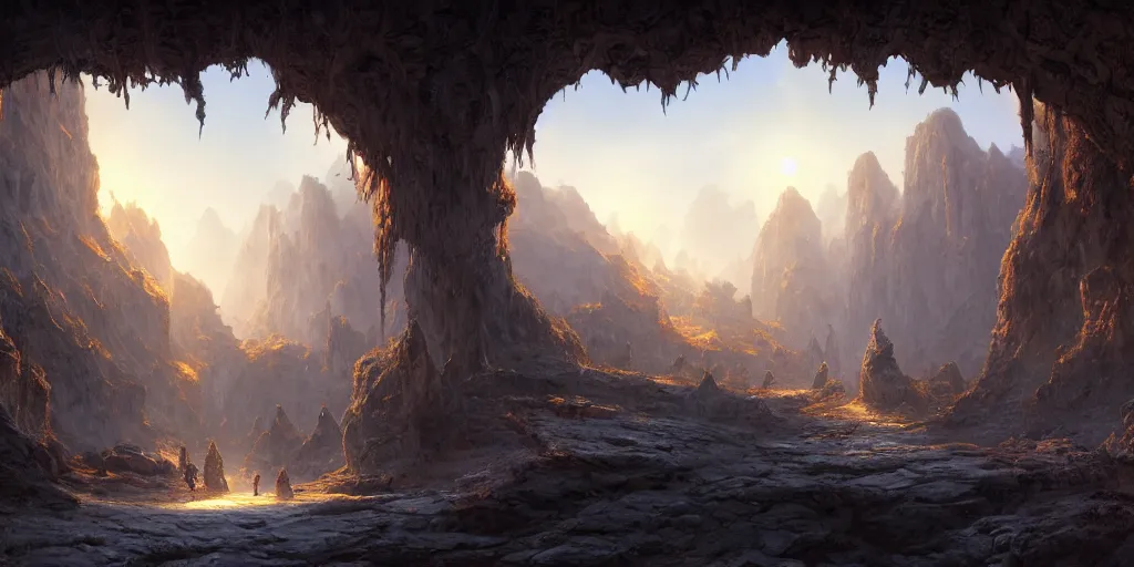 Image similar to A beautiful hyper realistic detailed matte painting of an entrance to a dungeon of the gods at the base of an ancient mountain, dramatic lighting, dynamic lighting, cinematic lighting, lit by morning light, by Finnian MacManus and Jessica Rossier, unreal engine, featured on artstation, ultrawide angle, f8, polarizer filter