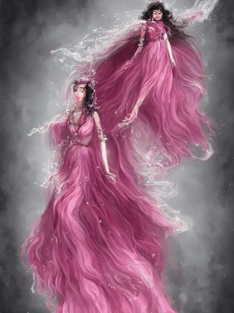 Prompt: a beautiful years old chatain hair woman in a pink - red long dress with silver rings and pink nails \ she makes levitate precious transparent bottle filled with ivory white liquid and a black sticker on it. fantasy, intricate, elegant, highly detailed, digital painting, artstation, concept art, matte, illustration