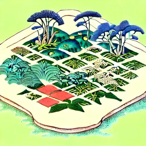 Prompt: 3d isometric botanical illustration of a small city in an island surrounded by water, by maria sibylla merian in Ukiyo-e style, HD