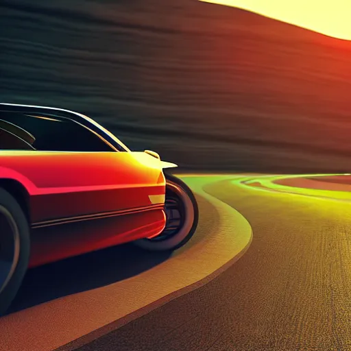 Image similar to 9 0 s sports car driving toward sunset, kidmograph style