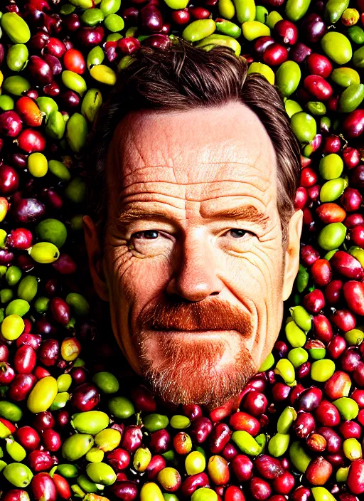 Image similar to closeup portrait of bryan cranston happy face surrounded by cranberries, food photography, natural light, sharp, detailed face, magazine, press, photo, steve mccurry, david lazar, canon, nikon, focus