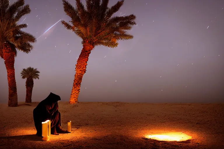 Image similar to a hooded Druid sitting under a tall palm tree in the Egyptian desert reading ancient scrolls in the light from a small fire at night, sitting on the ground, darkness, dim light from fire, desert, starry sky, an ancient city far in the distance, strong dramatic cinematic lighting, lost civilizations, smooth, sharp focus, extremely detailed