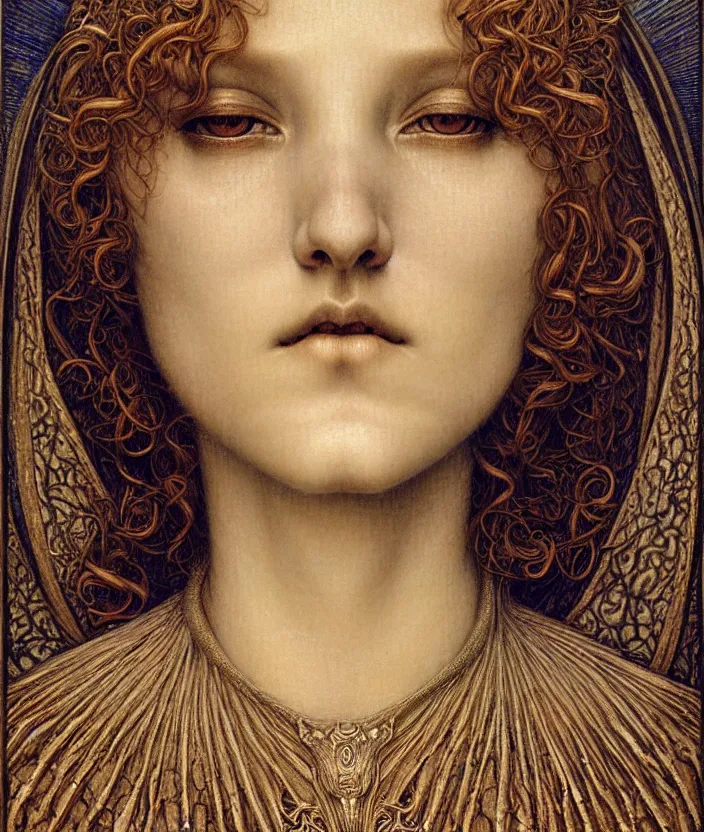 Image similar to detailed realistic beautiful young medieval queen face portrait by jean delville, gustave dore and marco mazzoni, art nouveau, symbolist, visionary, gothic, pre - raphaelite. horizontal symmetry