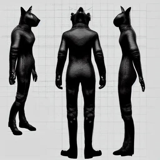 Image similar to cyberpunk cat in suit sketch, front'side and backview'modelling reference sheet