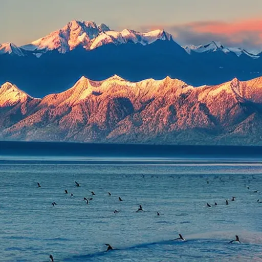 Prompt: Ultrarealistic, beautiful landscape of an oceanic beach with mountains in the background and the sun setting over the mountain peaks. Seagulls can be seen flying close to the beach. The mountains are extremely tall with snow caps on them.