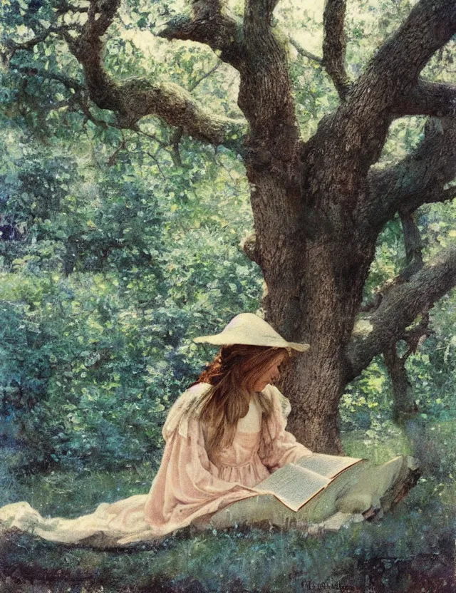 Image similar to peasant girl sitting on a tree and reading a book, polaroid photo bleached vintage pastel colors high - key lighting, soft lights, foggy, by steve hanks, by lisa yuskavage, by serov valentin, by tarkovsky, detailed, oil on canvas