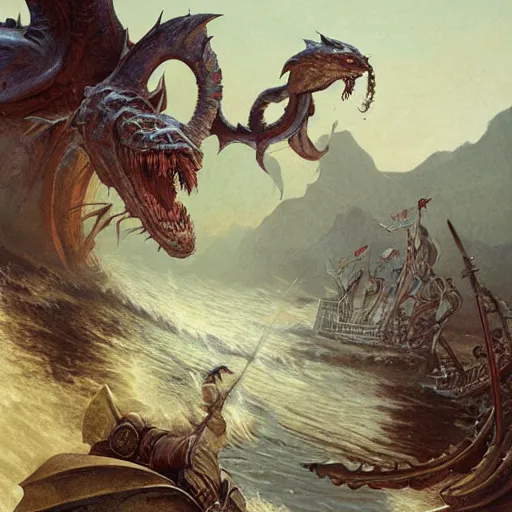 Image similar to robin williams in an epic battle with a sea monster, fantasy, d & d, intricate, elegant, highly detailed, digital painting, artstation, concept art, matte, sharp focus, illustration, art by john collier and albert aublet and krenz cushart and artem demura and alphonse mucha