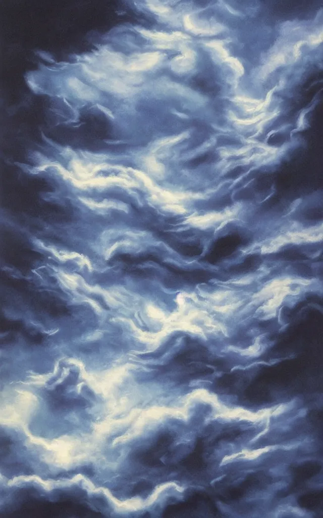 Image similar to blue and white night dramatic clouds over black background, airbrush fantasy 80s, realistic detailed