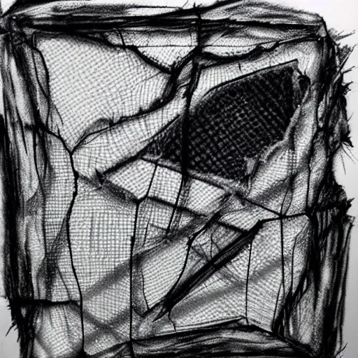 Prompt: ripped and torn mesh, drawn with a black liner on white paper