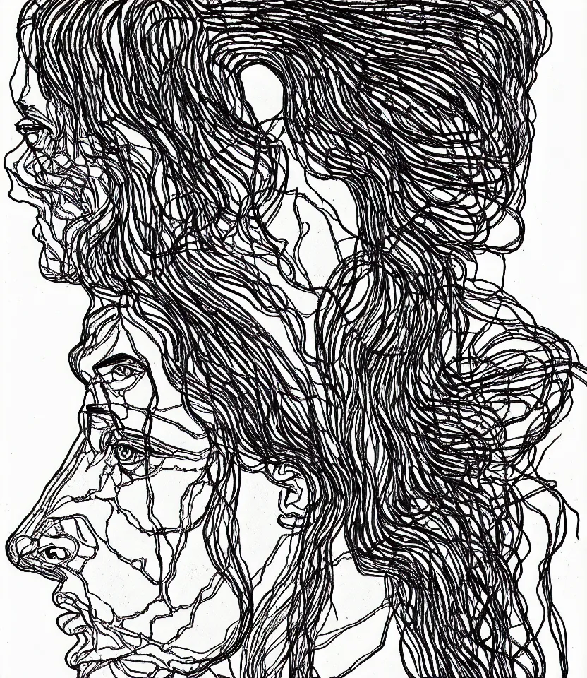 Image similar to detailed line art portrait of crazy horse, inspired by egon schiele. caricatural, minimalist, bold contour lines, musicality, soft twirls curls and curves, confident personality, raw emotion