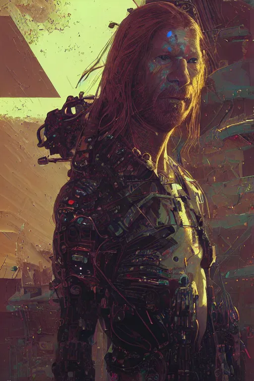 Image similar to A portrait of sad and serious Aphex Twin as a cyberpunk, iridescent highlights, background of digital greebles, highly detailed, intricate, soft, sci-fi, sharp focus, glowing lines, art by Ruan Jia and Moebius