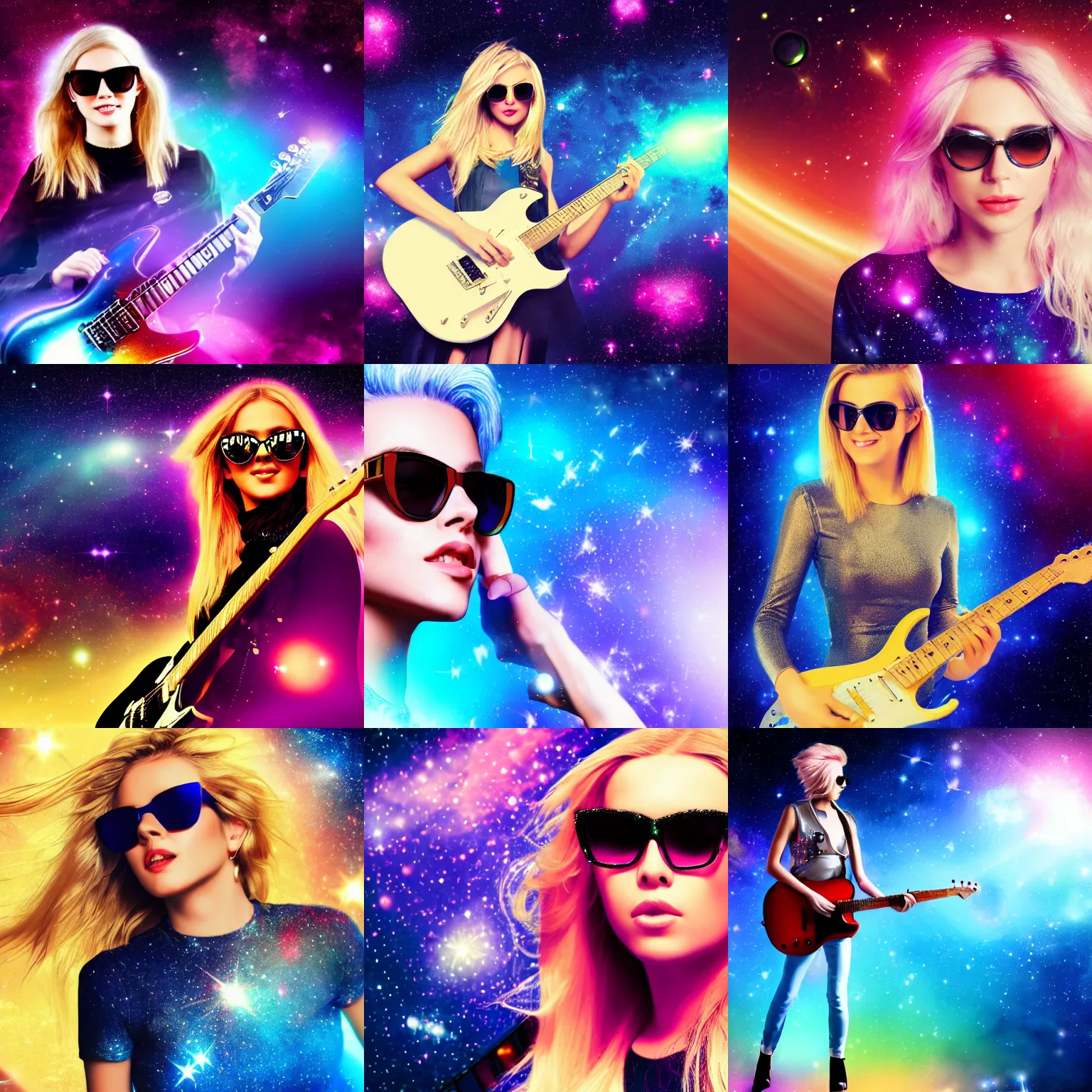 Prompt: blonde guitarist pop star in sunglasses with a space galaxy background photorealistic beautiful 4 k