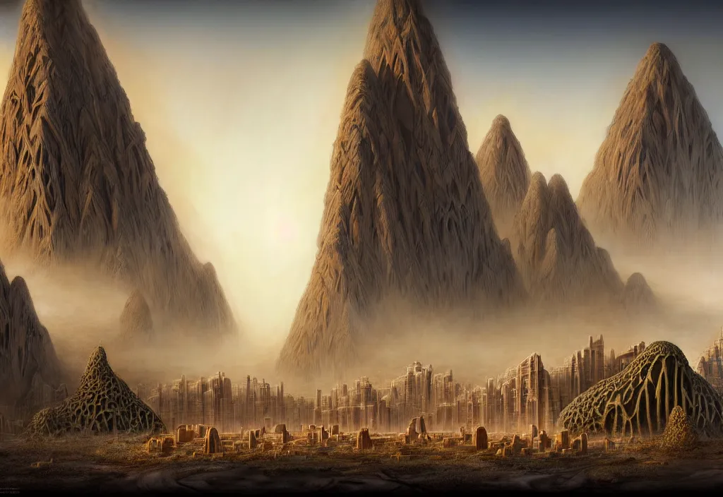 Prompt: ancient ruins of a solarpunk city with sandstone zaha hadid architecture, stone mega skyscrapers, in the sandy desert, with god - ray, crowded street, vale encantado, beautiful lighting, volcano in the distance, tomasz alen kopera and justin gerard foam mist water, ruins, diamond texture, tiny insects, water drops, sap, nature, rain