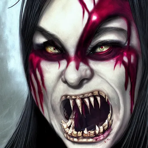 Image similar to Mileena with her gruesome mouth, realistic render by gammell + giger + artgerm