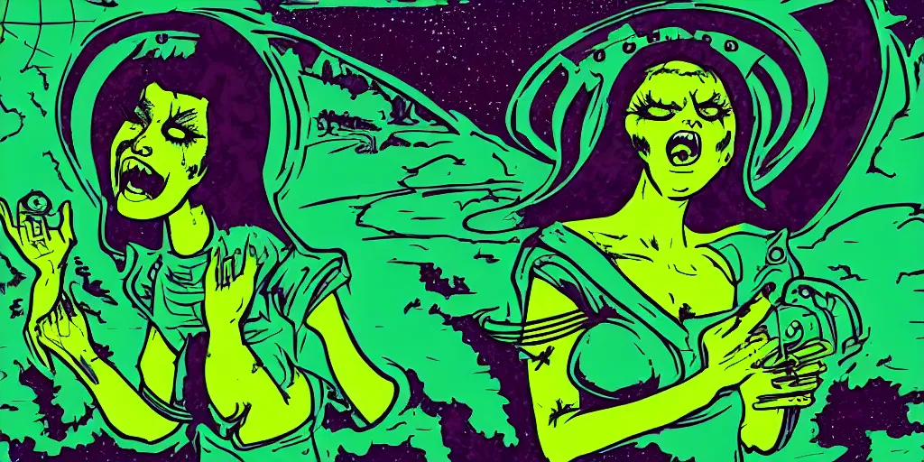 Image similar to apocalyptic ufo woman is screaming and crying after alien invasion on planet earth style in the year seventies, illustration, green color scheme