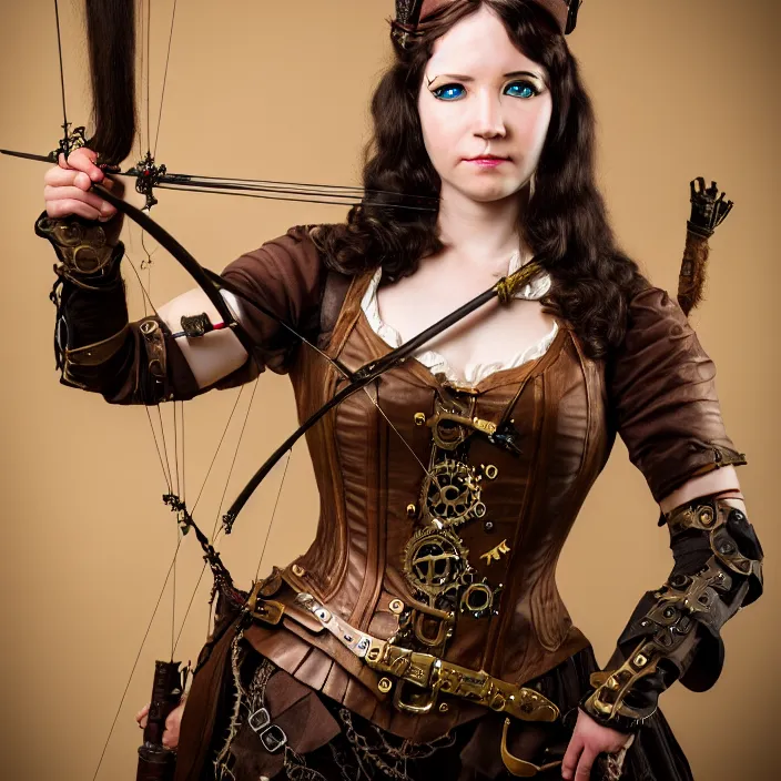 Prompt: full length portrait photograph of a real-life beautiful woman steampunk archer. Extremely detailed. 8k