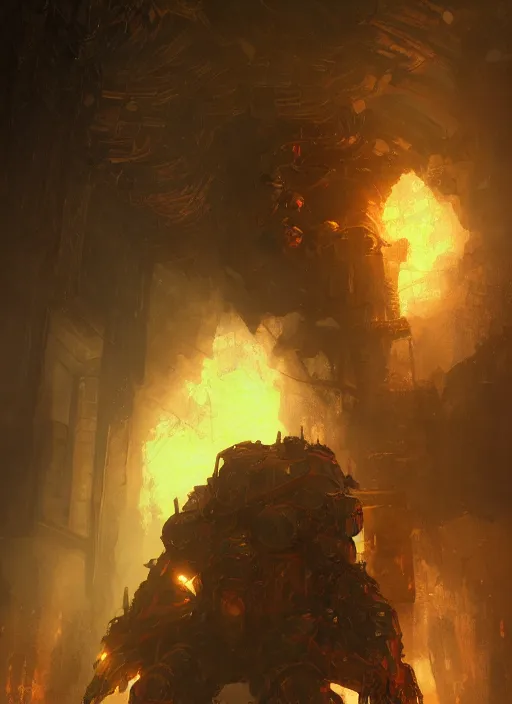 Image similar to a photorealistic dramatic hyperrealistic render of an armored fire golem by wlop, greg rutkowski, alphonse mucha, beautiful dynamic dramatic dark moody lighting, shadows, cinematic atmosphere, artstation, concept design art, octane render, 8 k