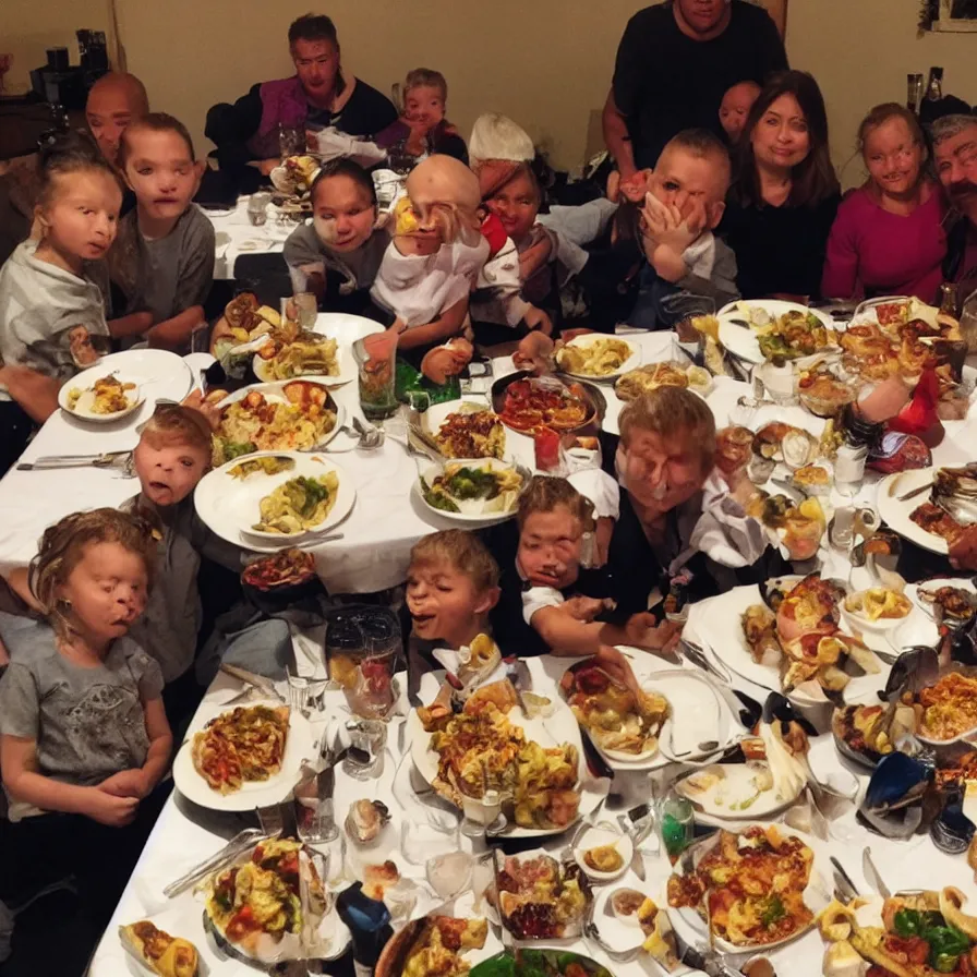 Image similar to family dinner, corrupted faces