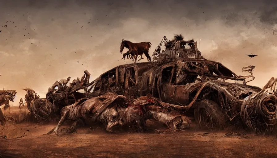 Prompt: old ranch with dead horses, mad max style, hyperdetailed, artstation, cgsociety, 8 k