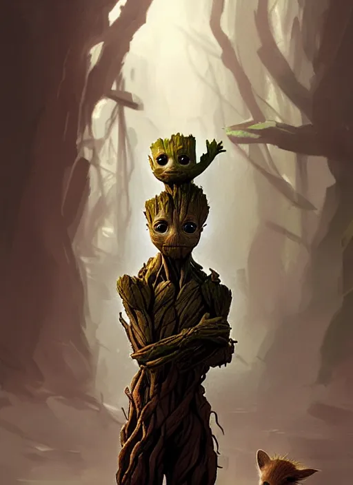 Image similar to very detailed masterpiece painting of groot holding yoda, portrait, artstation, concept art by greg rutkowski