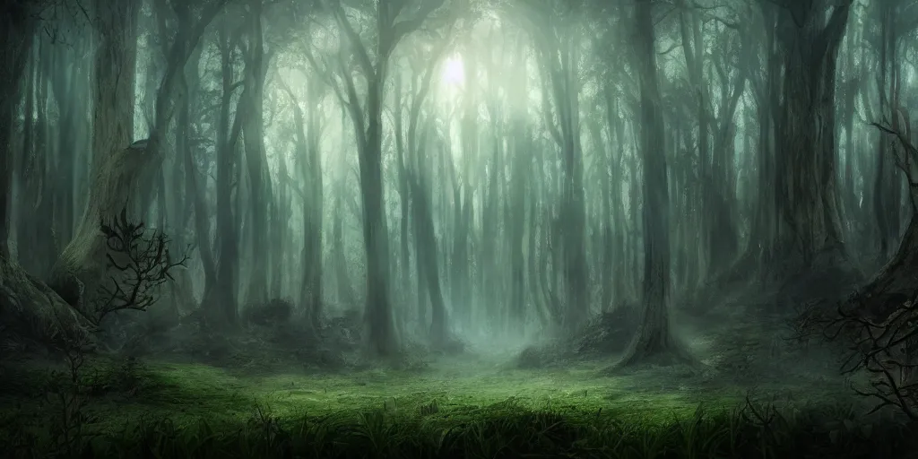 Image similar to beautiful matte painting of a fantasy dark forest
