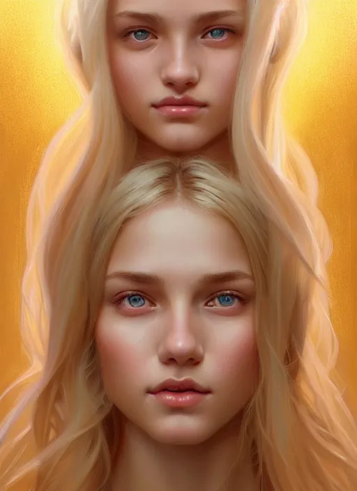 Image similar to beautiful feminine face!! portrait of young woman blessed by god with ever - increasing physical mental perfection, blonde, symmetrical! intricate, sensual features, highly detailed, divine holy perfection!! smile, digital painting, artstation, concept art, smooth, sharp focus, illustration, art by artgerm and greg rutkowski and alphonse mucha