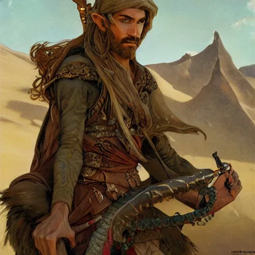 Image similar to Kethlan the elven desert bandit. Epic portrait by james gurney and Alfonso mucha.