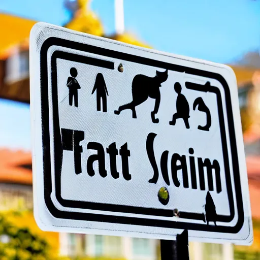 Prompt: street sign warning people about fat cats