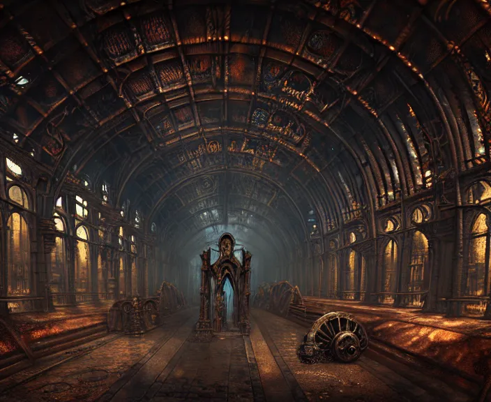 Image similar to steam necropolis, memento mori, gothic, neo - gothic, art nouveau, hyperdetailed copper patina medieval icon, stefan morrell, philippe druillet, ralph mcquarrie, concept art, steampunk, unreal engine, detailed intricate environment, octane render, moody atmospherics, volumetric lighting, ultrasharp, ominous, otherworldly