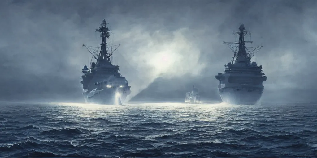 Image similar to epic huge soviet warship in arctic, no frame, foggy, volumetric lighting, epic blue glow, by greg rutkowsky, shishkin and aivazovsky