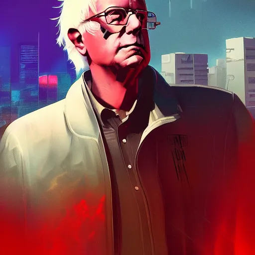 Image similar to cyberpunk bernie sanders as the leader of a futuristic communist nation, cybernetics, sharp lines, digital, artstation, colored in