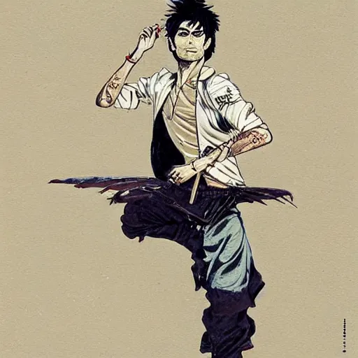 Prompt: corto maltese in jojo pose, oil on canvas by takato yamamoto and ruan jia and dave mckean