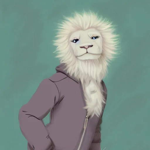 Image similar to aesthetic portrait commission of a albino male furry anthro lion wearing a cute mint colored cozy soft pastel winter outfit, winter atmosphere. character design by chunie, kristakeshi, sigmax