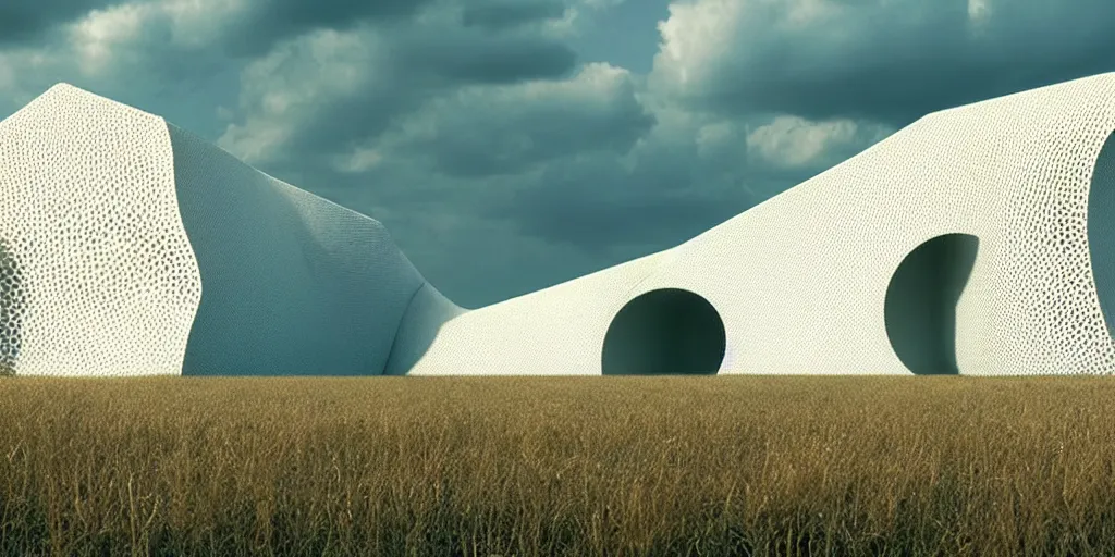 Image similar to real white honeycomb organic building sits in the landscape, film still from the movie directed by denis villeneuve aesthetic with art direction by zdzisław beksinski, telephoto lens, shallow depth of field