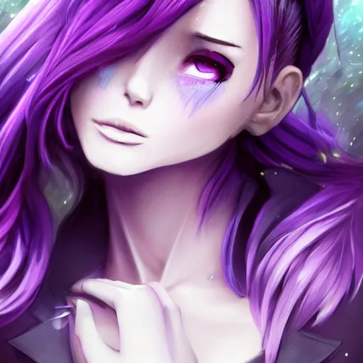 Prompt: beautiful anime woman with purple hair, ( ( ( ( ( unicorn horn ) ) ) ) ) ( ( ponytail ) ) ( ( ( purple eyes ) ) ), a purple tuxedo, sharp focus, intricate, cell shaded, award winning photography, cinematic, digital painting, cinematic, wlop, 8 k, by ross tran, tom bagshaw