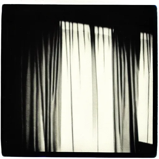 Prompt: a detailed photograph of a house with curtains in the windows, a replicant is peeking through the curtains, polaroid