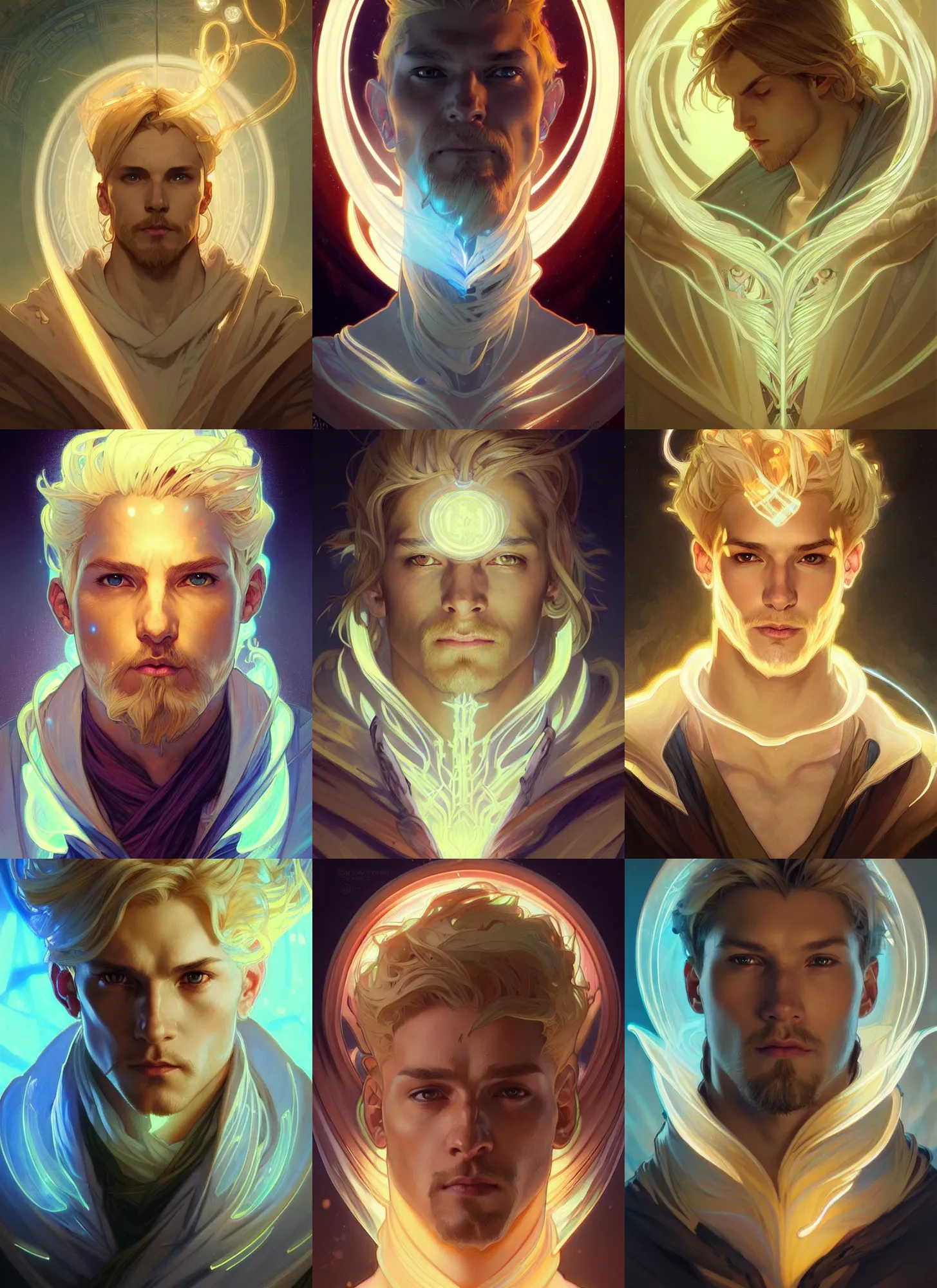 Prompt: digital character concept art by artgerm and greg rutkowski and alphonse mucha. clear portrait of a male wizard with blonde hair, light effect. hyper detailed, glowing lights!!, bioluminescent, intricate, elegant, digital painting, artstation, smooth, sharp focus