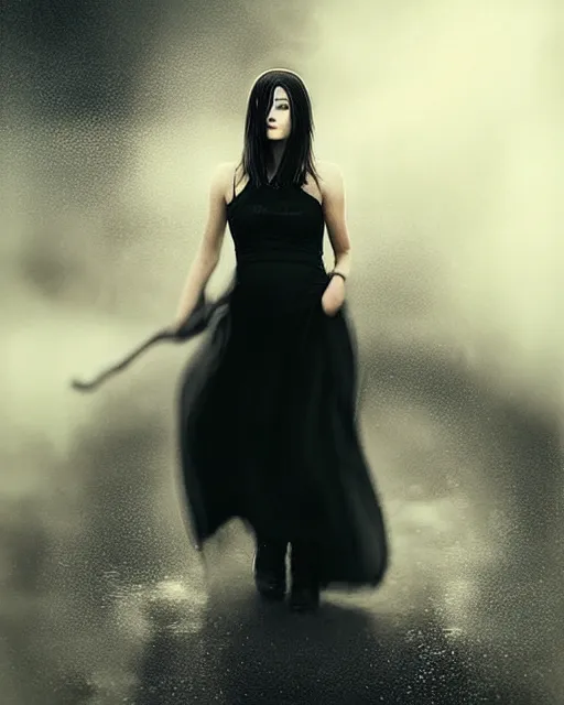 Prompt: style of mikko lagerstedt, artgerm : : gorgeous willa holland : : evil witch, swirling black magic, black dress : : symmetrical face, symmetrical eyes : : full body pose : : gorgeous black hair : : magic lighting, low spacial lighting : :