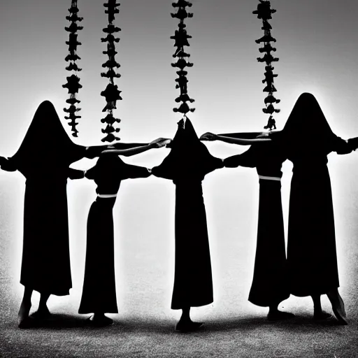Prompt: black and white, award winning photo, levitating twin nuns each having 6 arms, wearing pentgram necklace, a guillotine is depicted, the nuns have Very long arms, in a sanctuary, eerie, frightening —width 1024 —height 1024