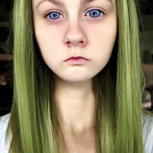 Image similar to brunette with dyed blonde hair, 18 years old, 155 cm tall, long flat hair, blonde, green big eyes, small nose, small mouth, round shaped face, big forehead, lop eared, full body shot, thin eyebrows, real life photograph