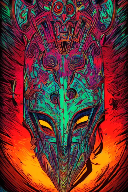 Image similar to totem animal tribal chaman vodoo mask feather gemstone plant wood rock video game illustration vivid color borderlands by josan gonzales and dan mumford radiating a glowing aura