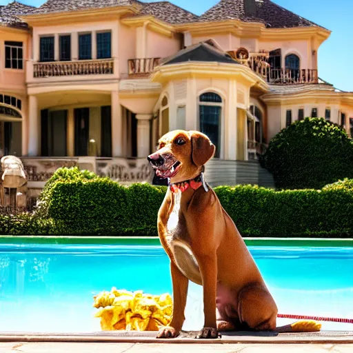 Image similar to a very detailed photo of a dog smoking a cigar outside the mansion by the pool